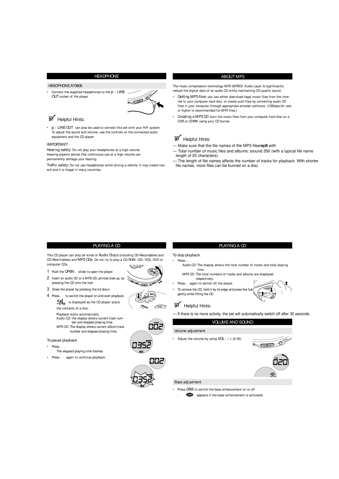 Philips EXP2460/02 user manual Headphone, Playing a CD, About MP3, Volume and Sound 