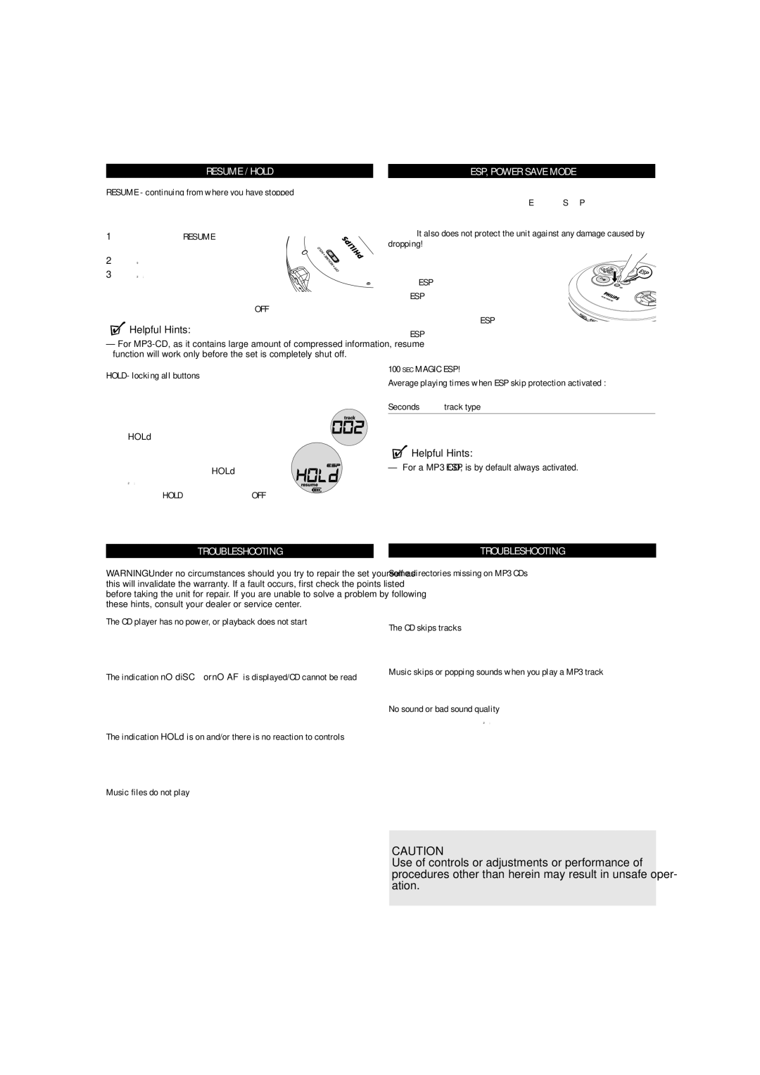 Philips EXP2460/02 user manual Resume / Hold, ESP, Power Save Mode, Troubleshooting 