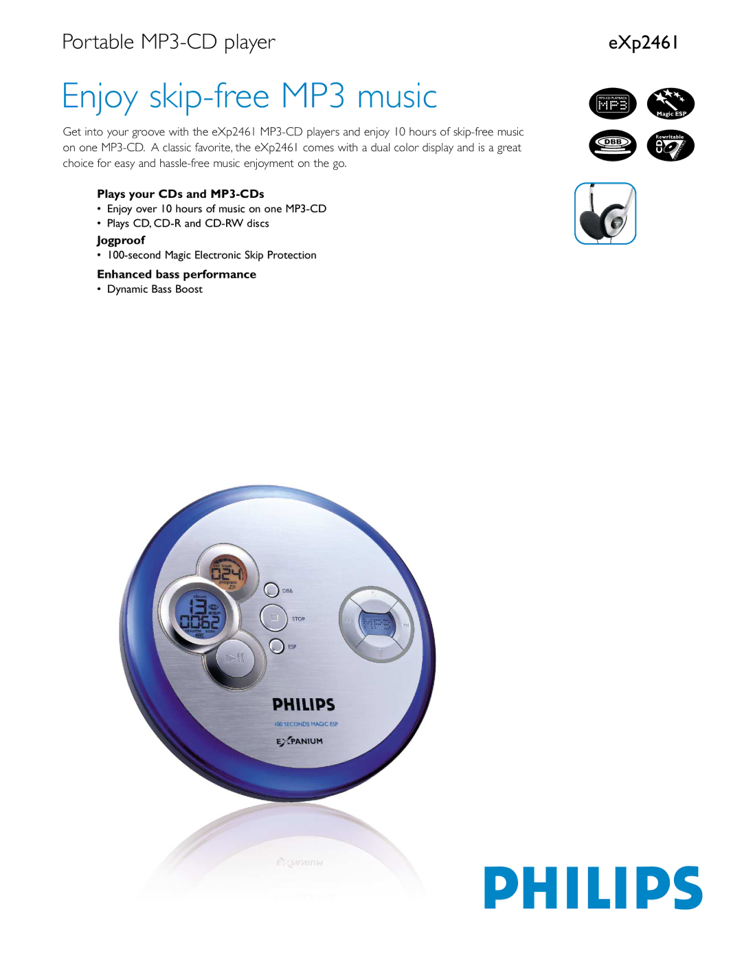 Philips eXp2461 manual Plays your CDs and MP3-CDs, Jogproof, Enhanced bass performance 