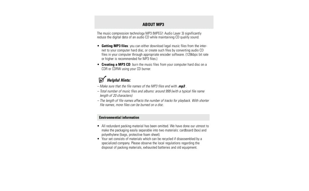 Philips EXP2540/02 user manual About MP3, Environmential information 