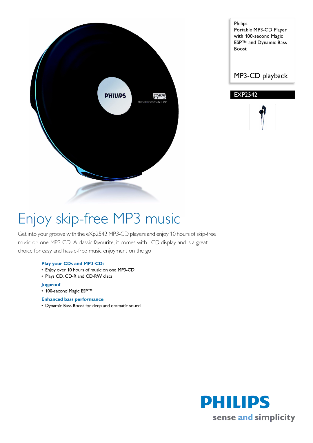 Philips EXP2542/00 manual Enjoy skip-free MP3 music, Play your CDs and MP3-CDs, Jogproof, Enhanced bass performance 