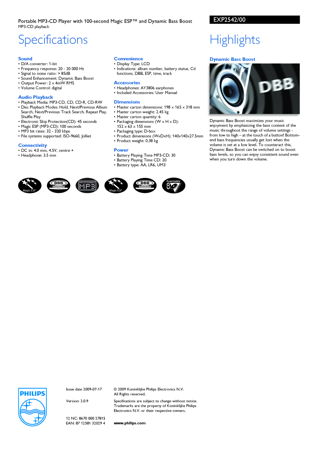 Philips EXP2542/00 manual Specifications, Highlights 