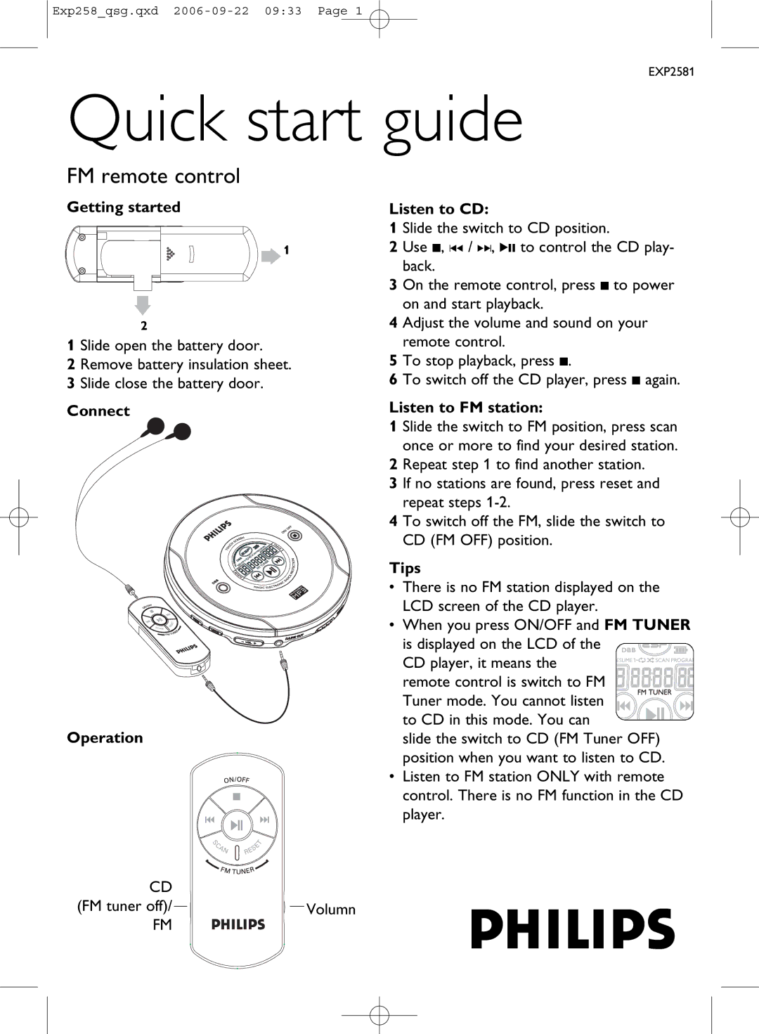 Philips EXP2581 quick start Getting started, Connect Operation Listen to CD, Listen to FM station, Tips 