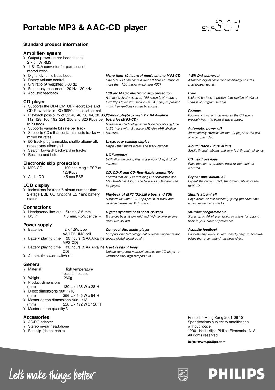 Philips EXP301 Standard product information Amplifier/ system, CD player, Electronic skip protection, LCD display, General 