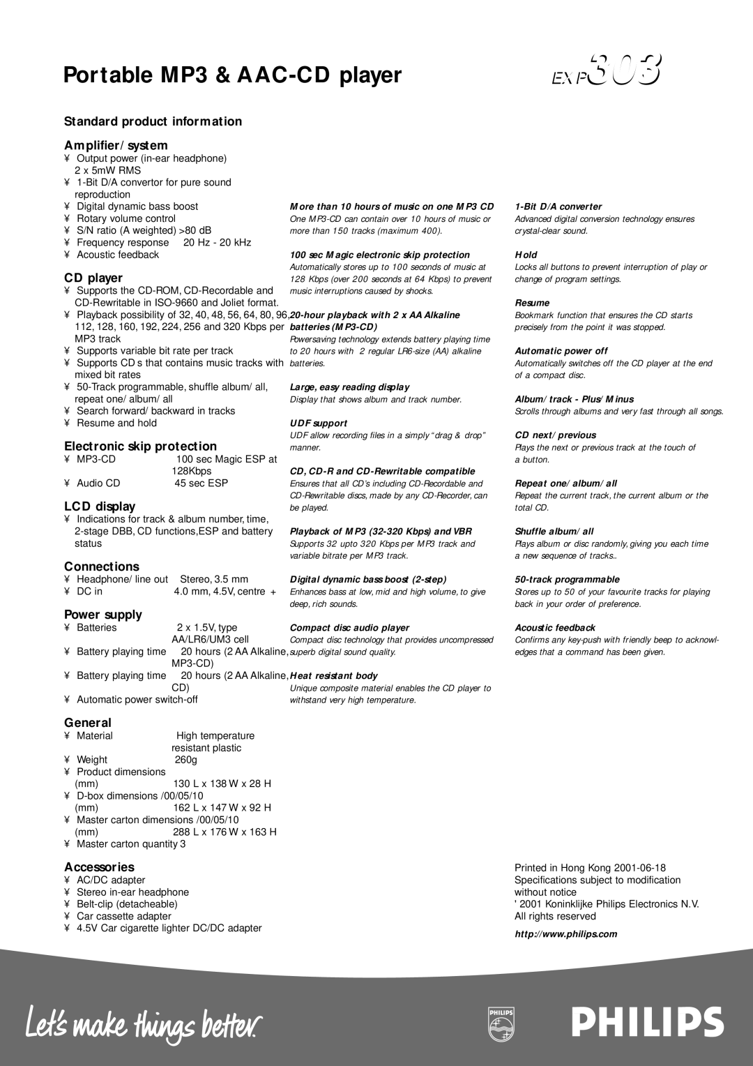 Philips EXP303 Standard product information Amplifier/ system, CD player, Electronic skip protection, LCD display, General 