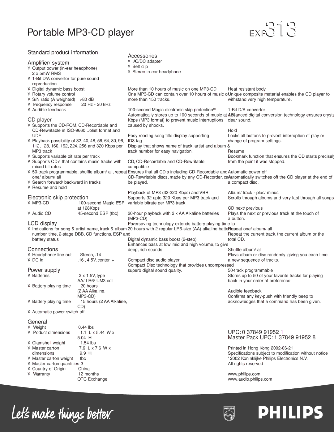 Philips EXP313 Standard product information Amplifier/ system, CD player, Electronic skip protection, LCD display, General 