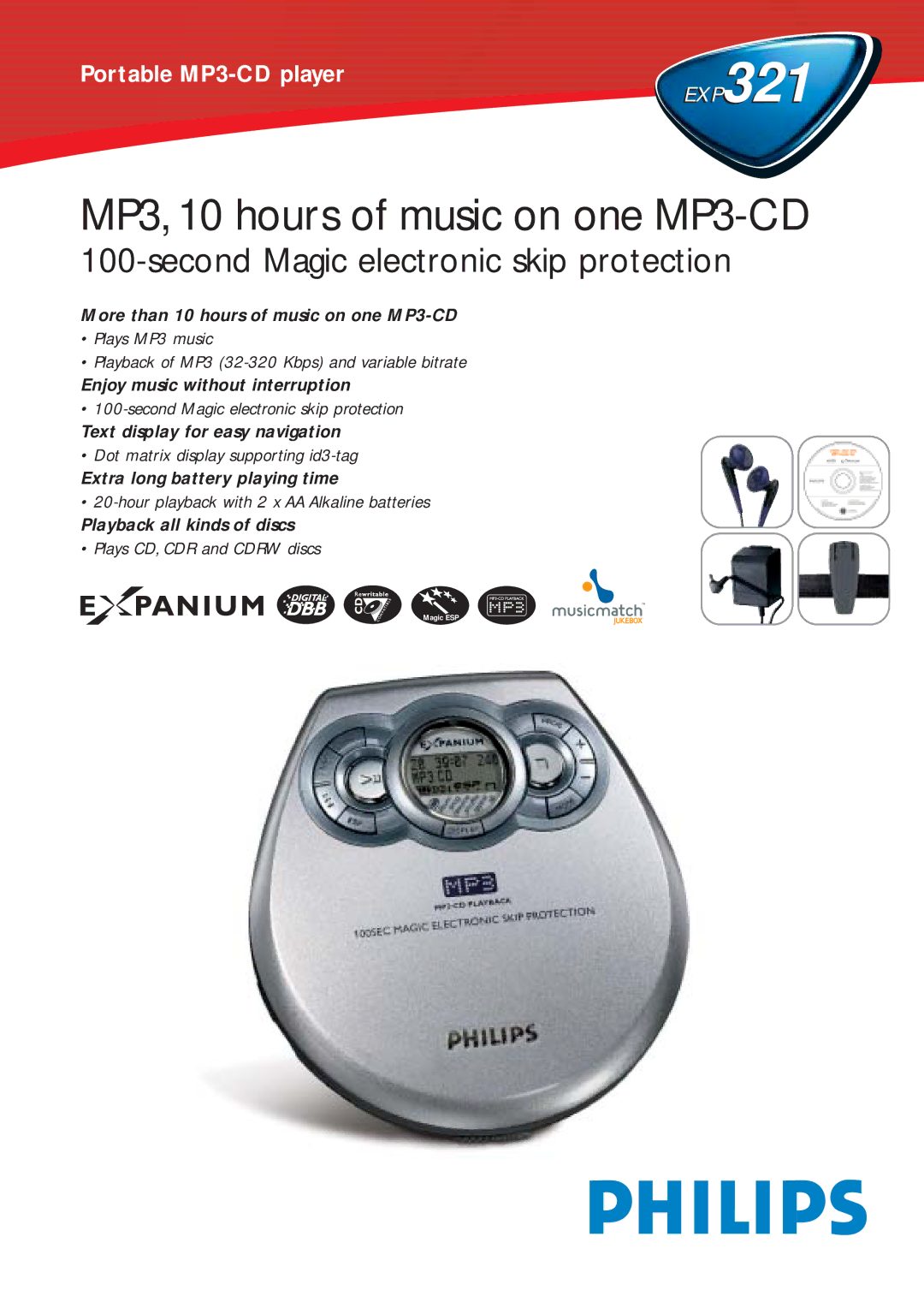 Philips EXP321 manual MP3, 10 hours of music on one MP3-CD 