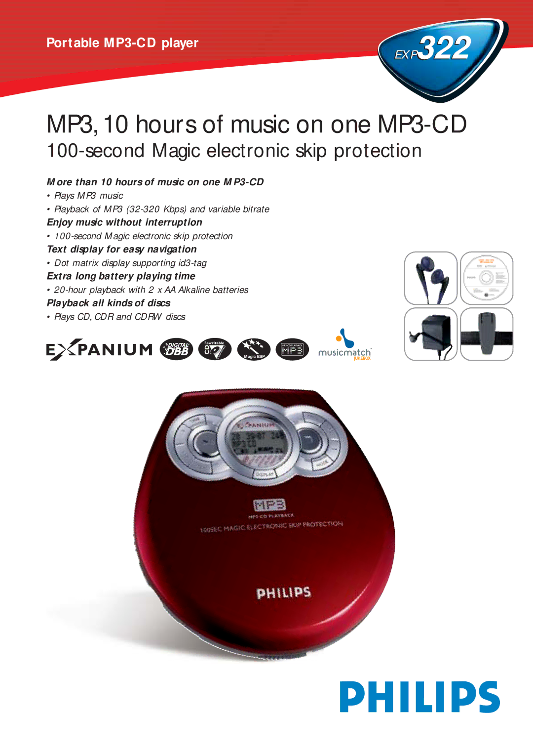 Philips EXP322 manual MP3, 10 hours of music on one MP3-CD 