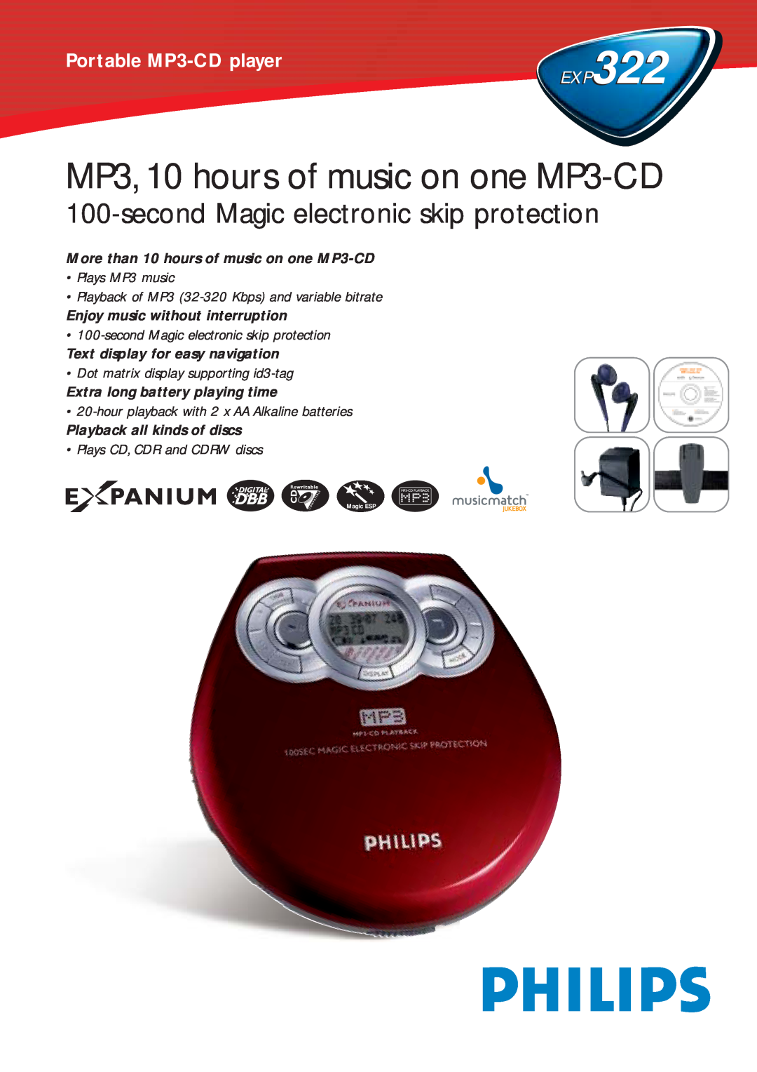 Philips EXP322 manual MP3, 10 hours of music on one MP3-CD, second Magic electronic skip protection 