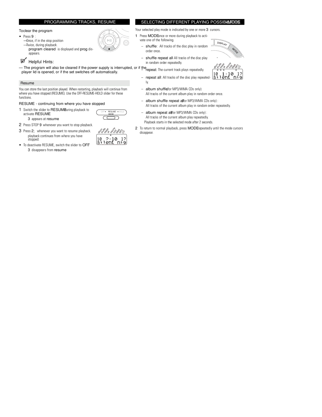 Philips EXP3360 Programming TRACKS, Resume, Selecting Different Playing Possibilities − Mode, To clear the program 