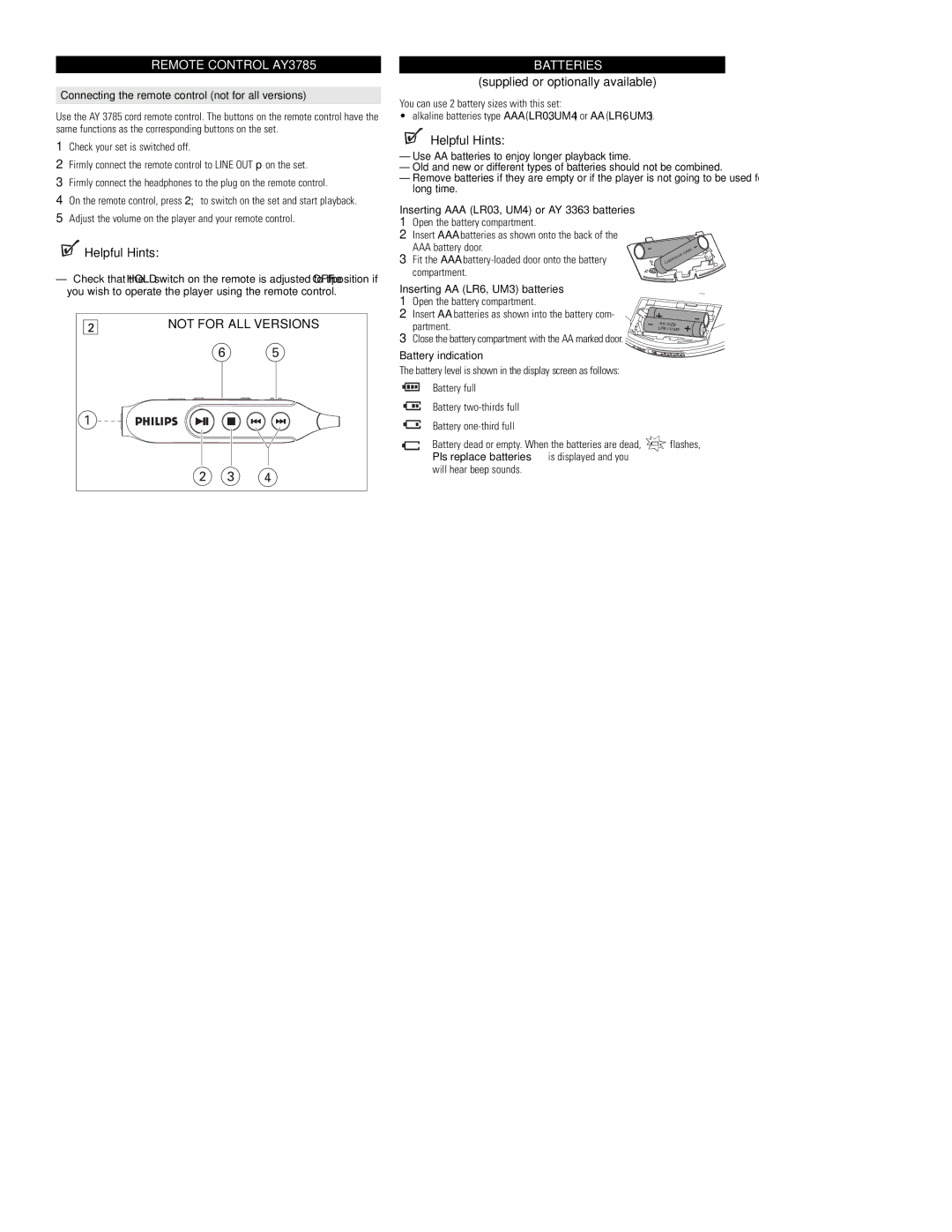 Philips EXP3360 Remote Control AY3785, Batteries, Connecting the remote control not for all versions, Battery indication 