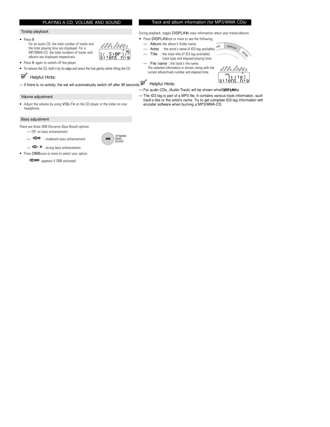 Philips EXP3365, EXP3362, EXP3361 Playing a CD, Volume and Sound, To stop playback, Volume adjustment, Bass adjustment 