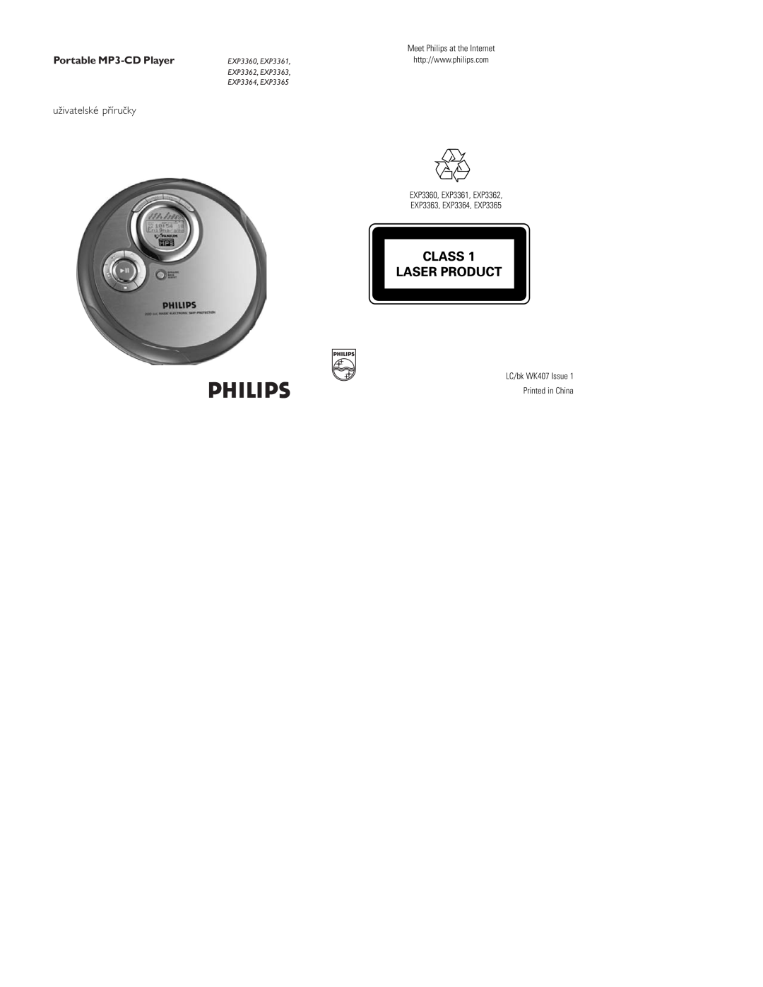 Philips user manual Portable MP3-CDPlayer, EXP3360, EXP3361, EXP3362, EXP3363, EXP3364, EXP3365 
