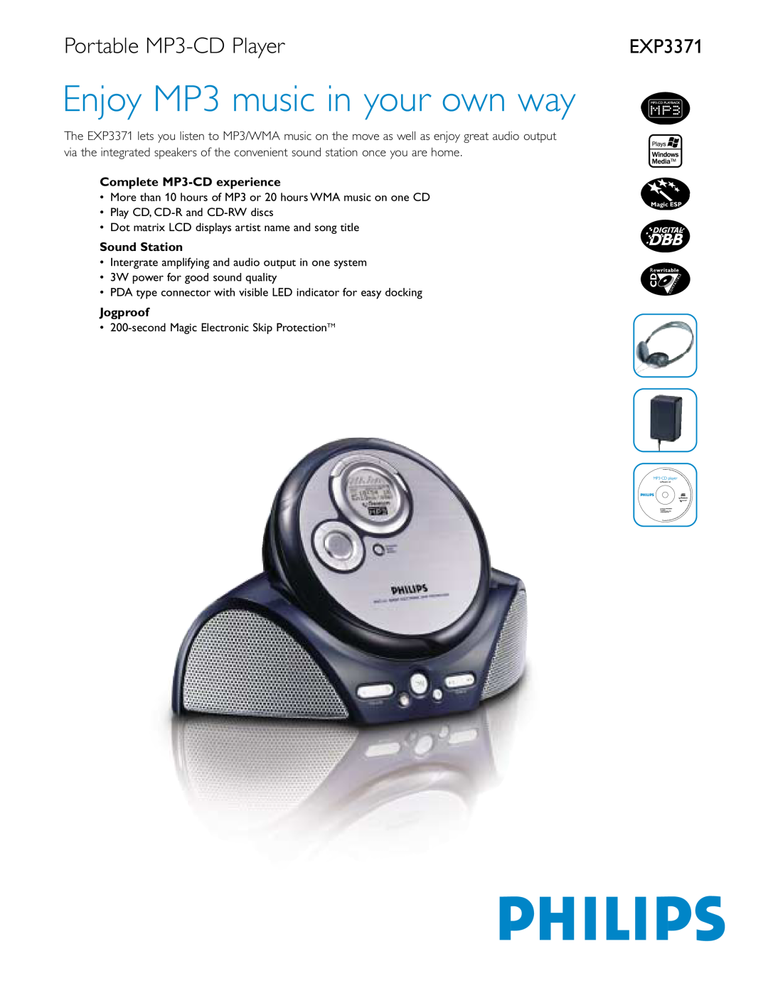 Philips EXP3371 manual Portable MP3-CD Player, Complete MP3-CD experience, Sound Station, Jogproof 
