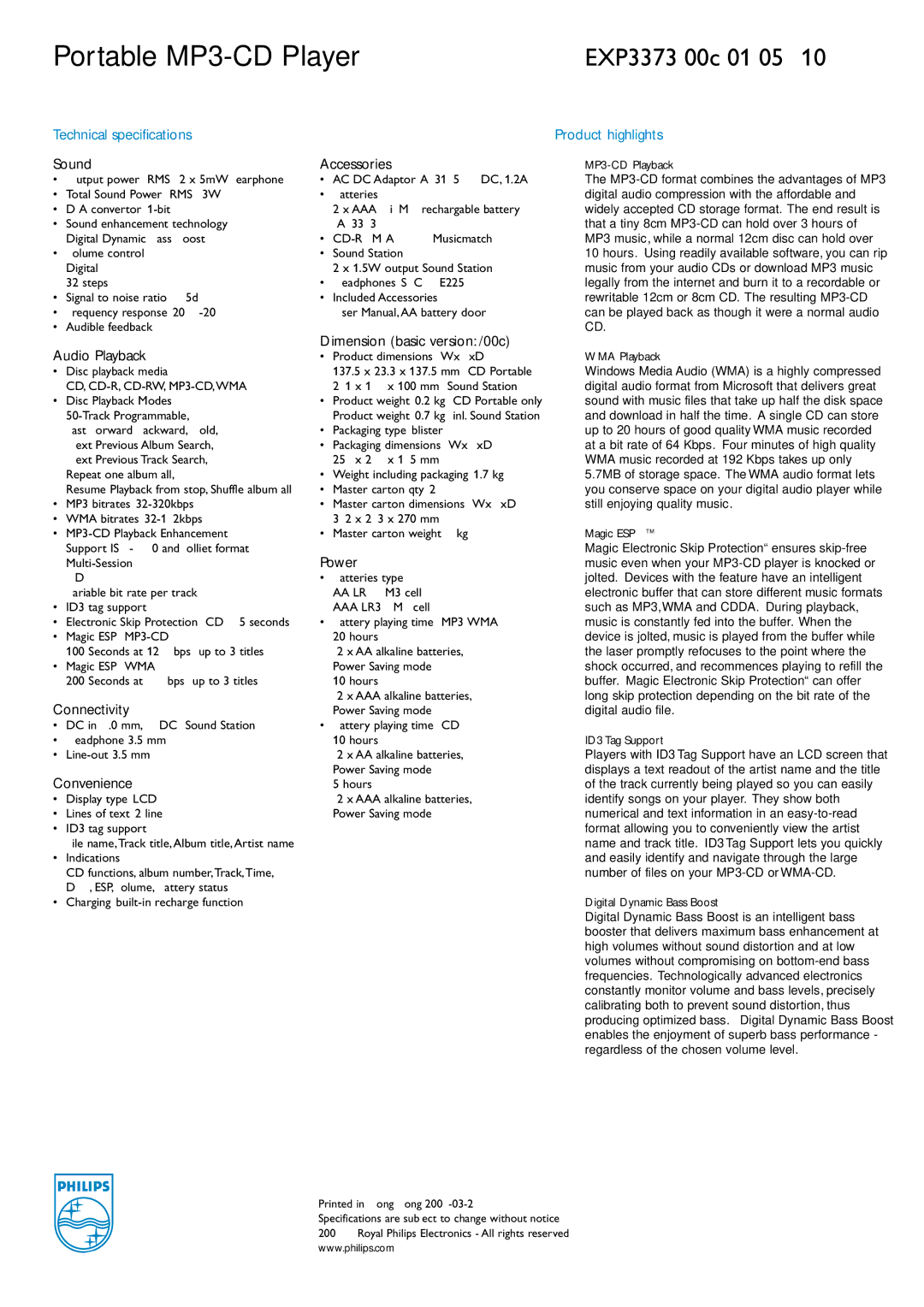 Philips EXP3373 manual Technical specifications, Product highlights 