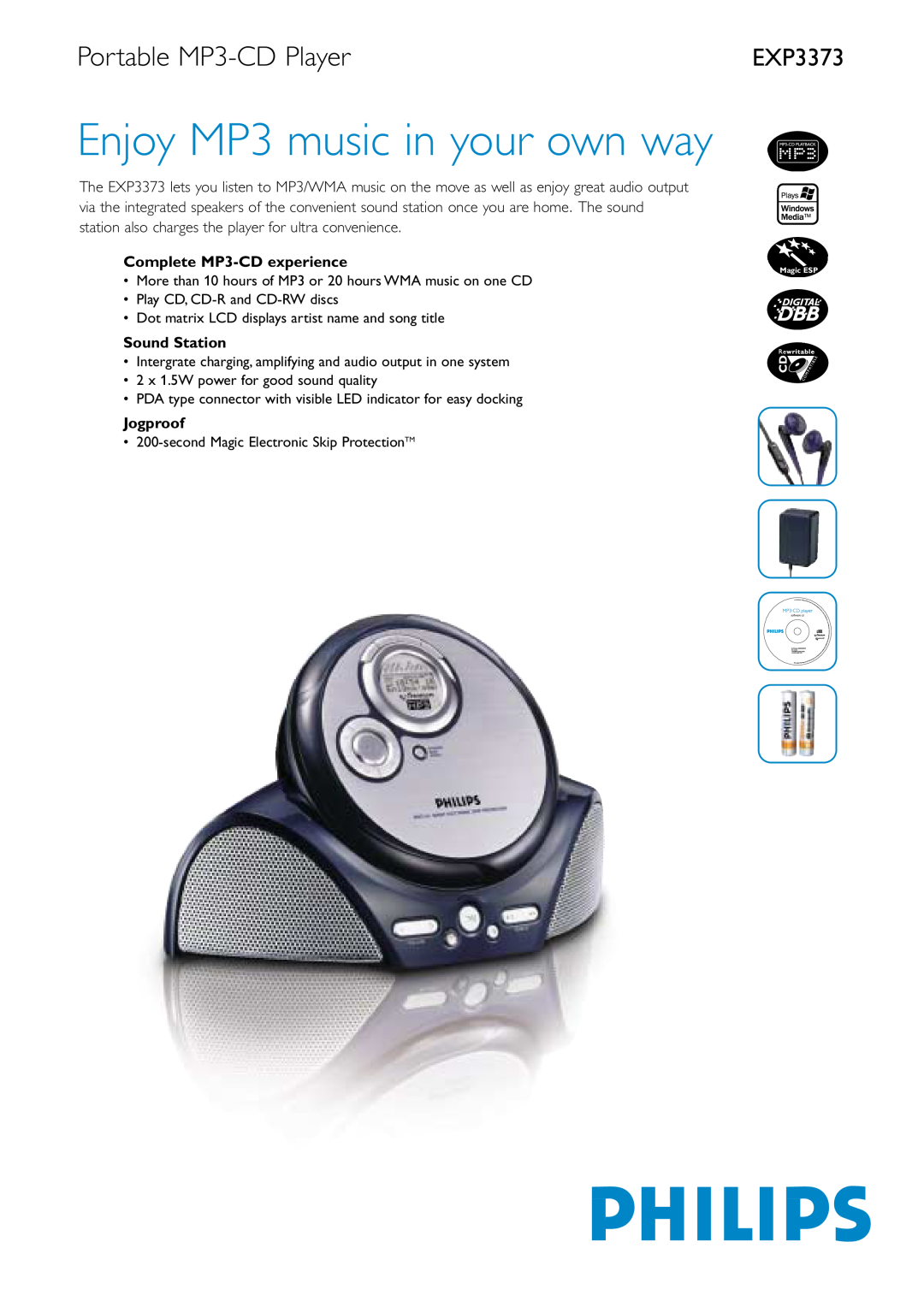 Philips EXP3373 manual Portable MP3-CDPlayer, Complete MP3-CDexperience, Sound Station, Jogproof 