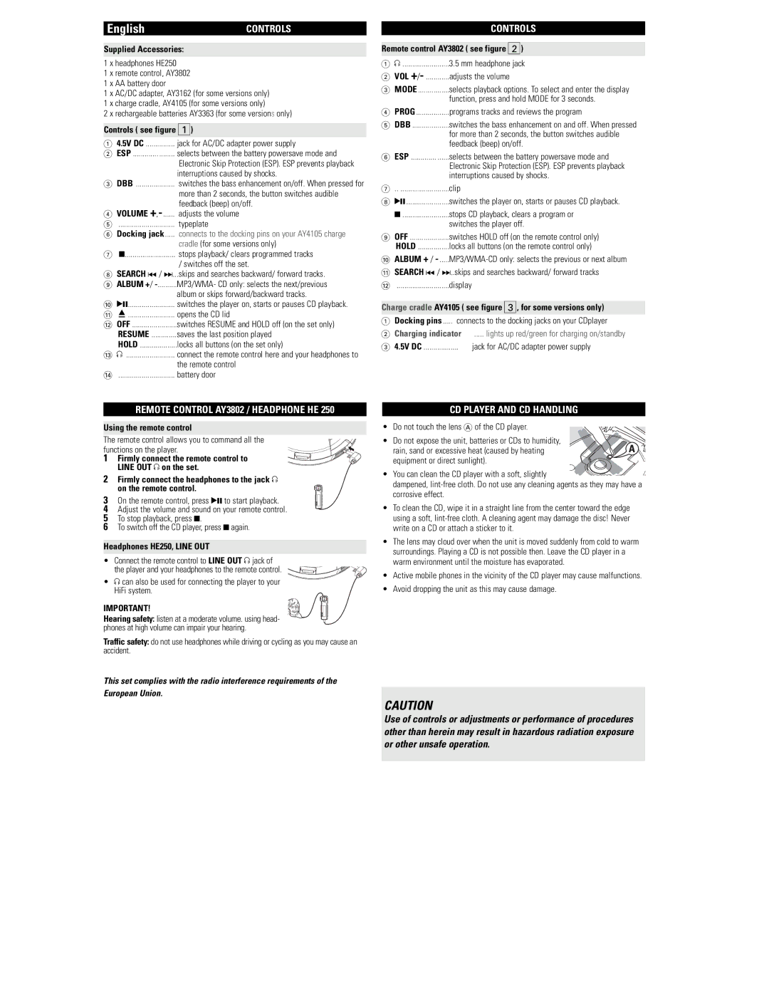 Philips EXP3461, EXP3463, EXP3460, EXP3462 Controls, Remote Control AY3802 / Headphone HE, CD Player and CD Handling, Mode 