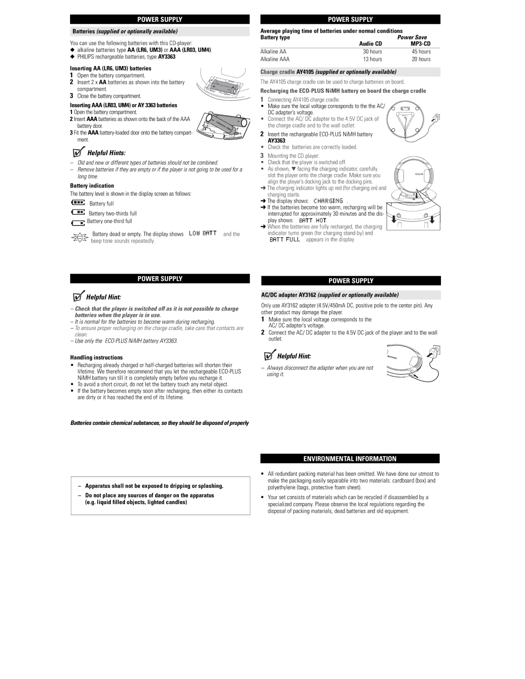 Philips EXP3462, EXP3463, EXP3460, EXP3461 user manual Power Supply, Helpful Hints, Environmental Information, MP3-CD 