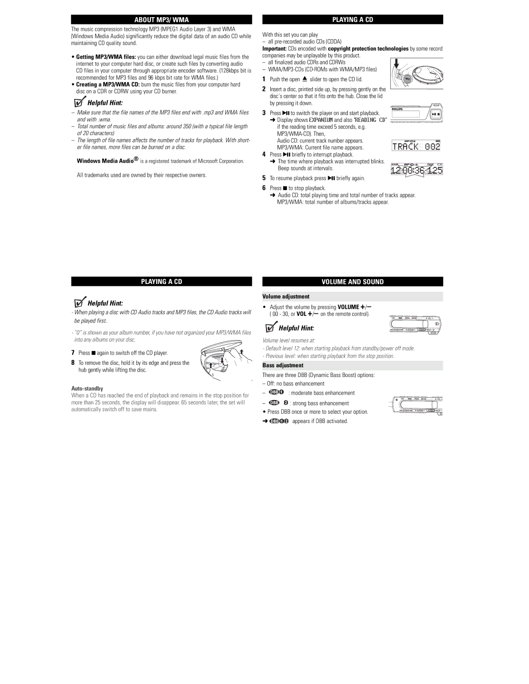 Philips EXP3463, EXP3460, EXP3461 About MP3/ WMA, Playing a CD, Volume and Sound, Volume adjustment, Bass adjustment 