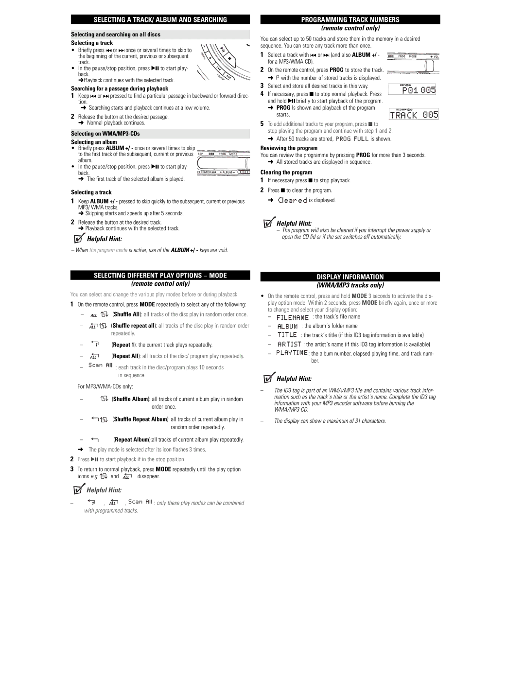 Philips EXP3460 Selecting a TRACK/ Album and Searching, Selecting Different Play Options − Mode, Remote control only 