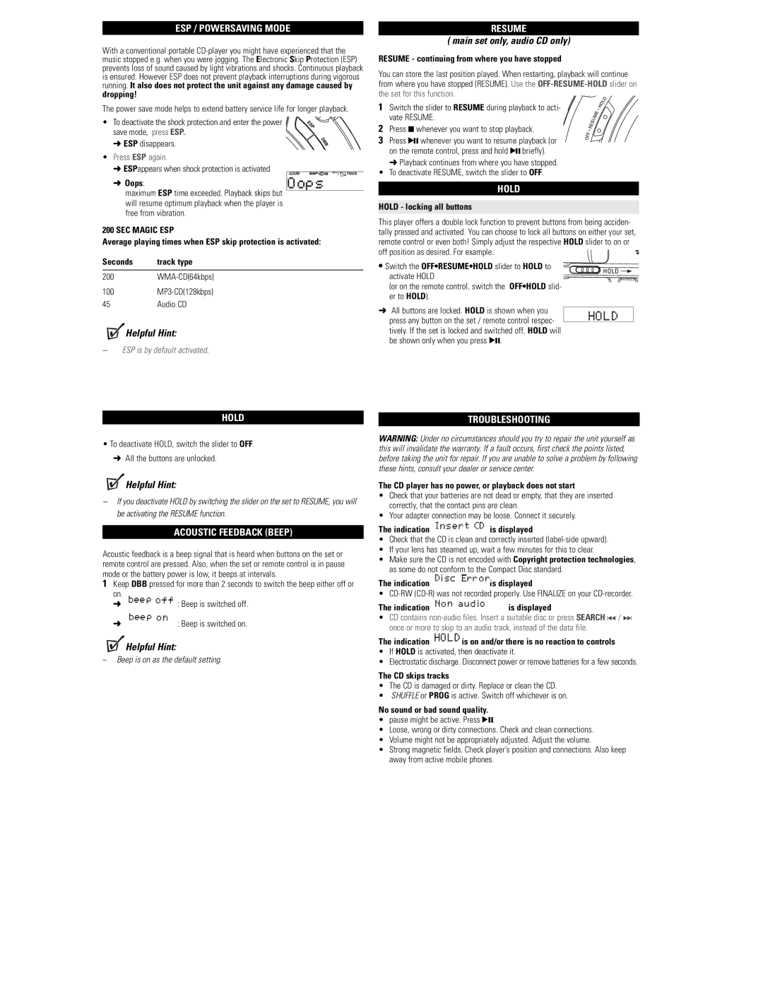 Philips EXP3461, EXP3463, EXP3460, EXP3462 user manual Main set only, audio CD only 