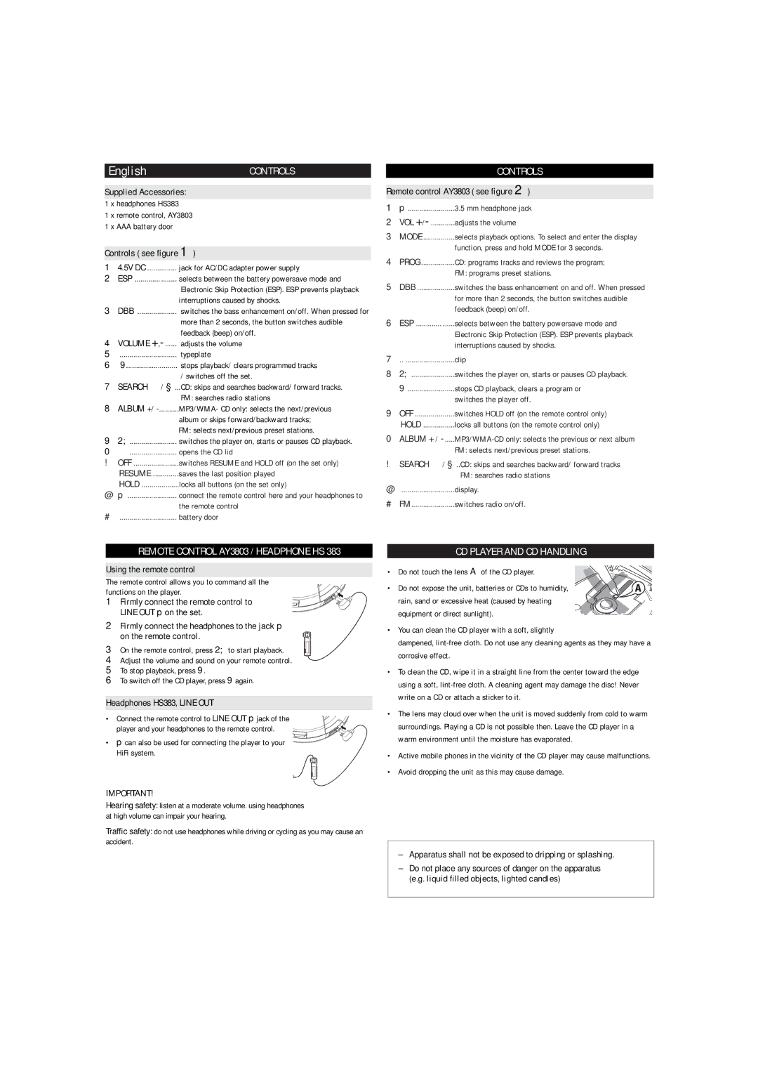 Philips EXP3483 user manual Controls, Remote Control AY3803 / Headphone HS, CD Player and CD Handling, Mode 