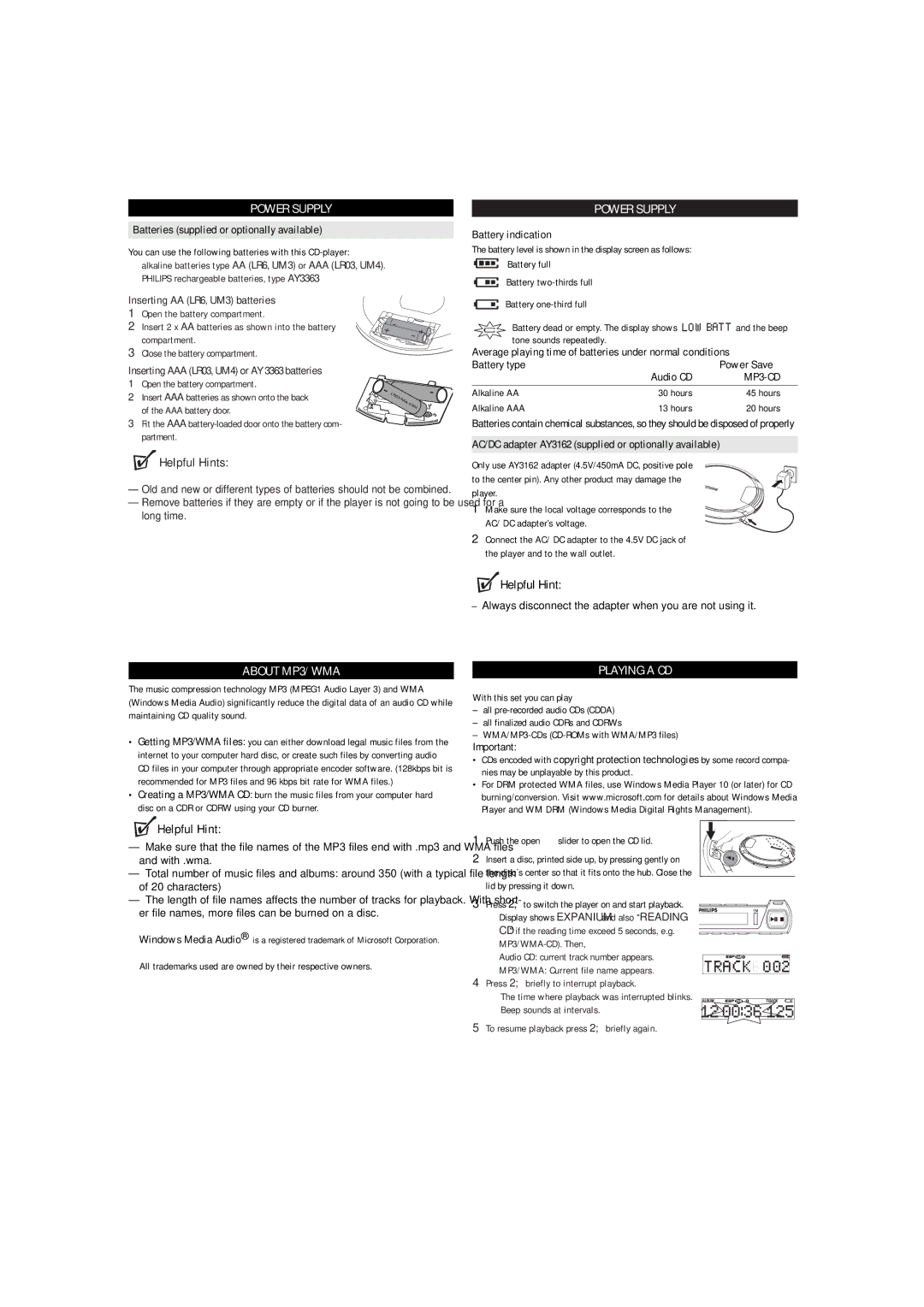 Philips EXP3483 user manual Power Supply, Helpful Hints, About MP3/ WMA, Playing a CD 