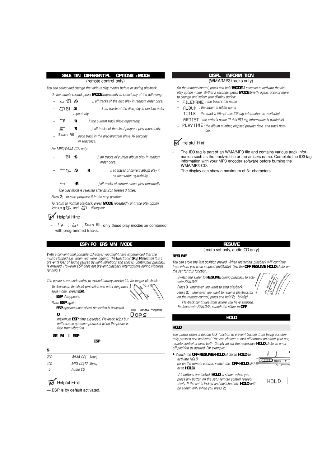 Philips EXP3483 Selecting Different Play Options − Mode, ESP / Powersaving Mode, Resume, Main set only, audio CD only 