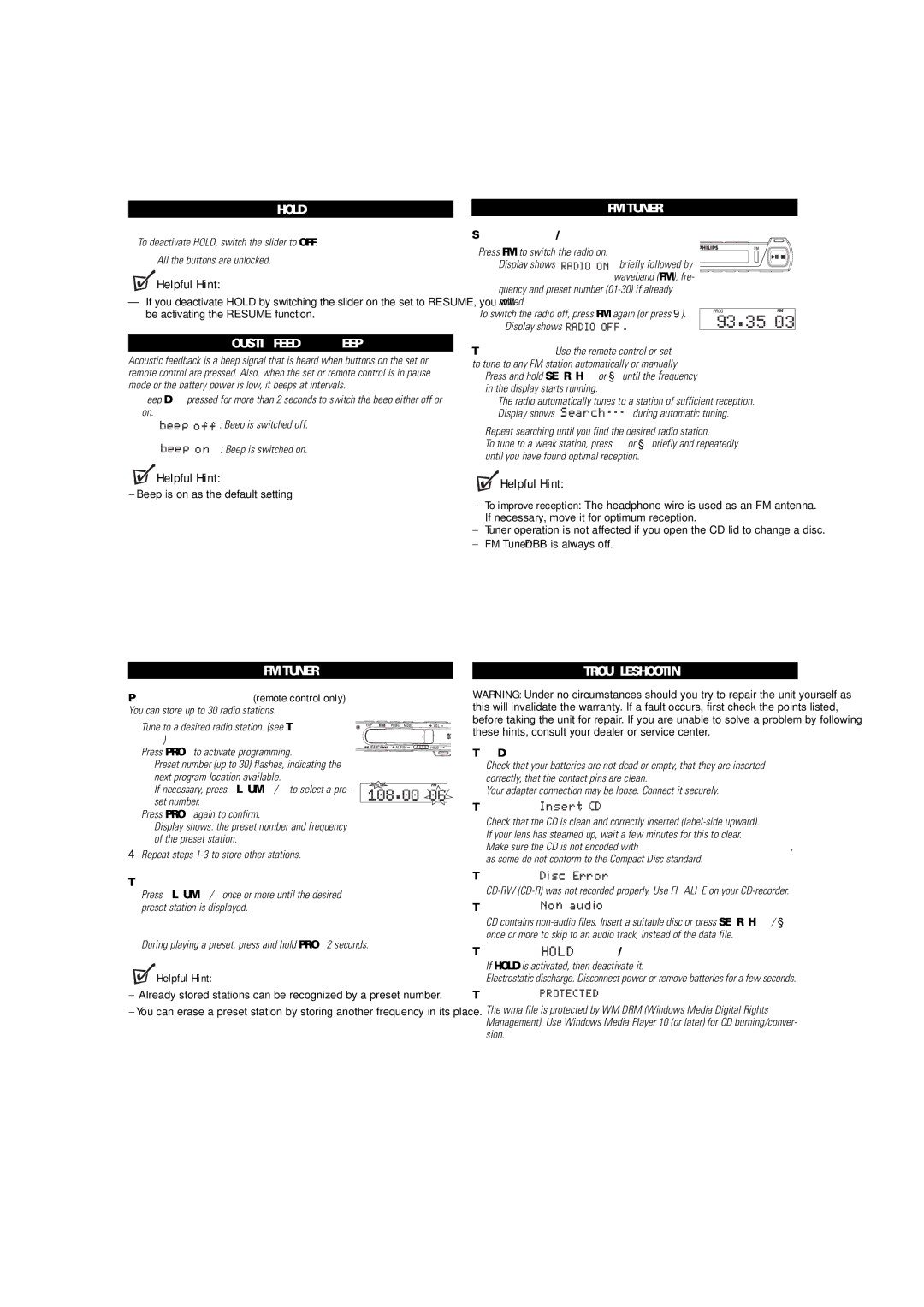 Philips EXP3483 user manual Acoustic Feedback Beep, FM Tuner, Troubleshooting, Helpful Hint 