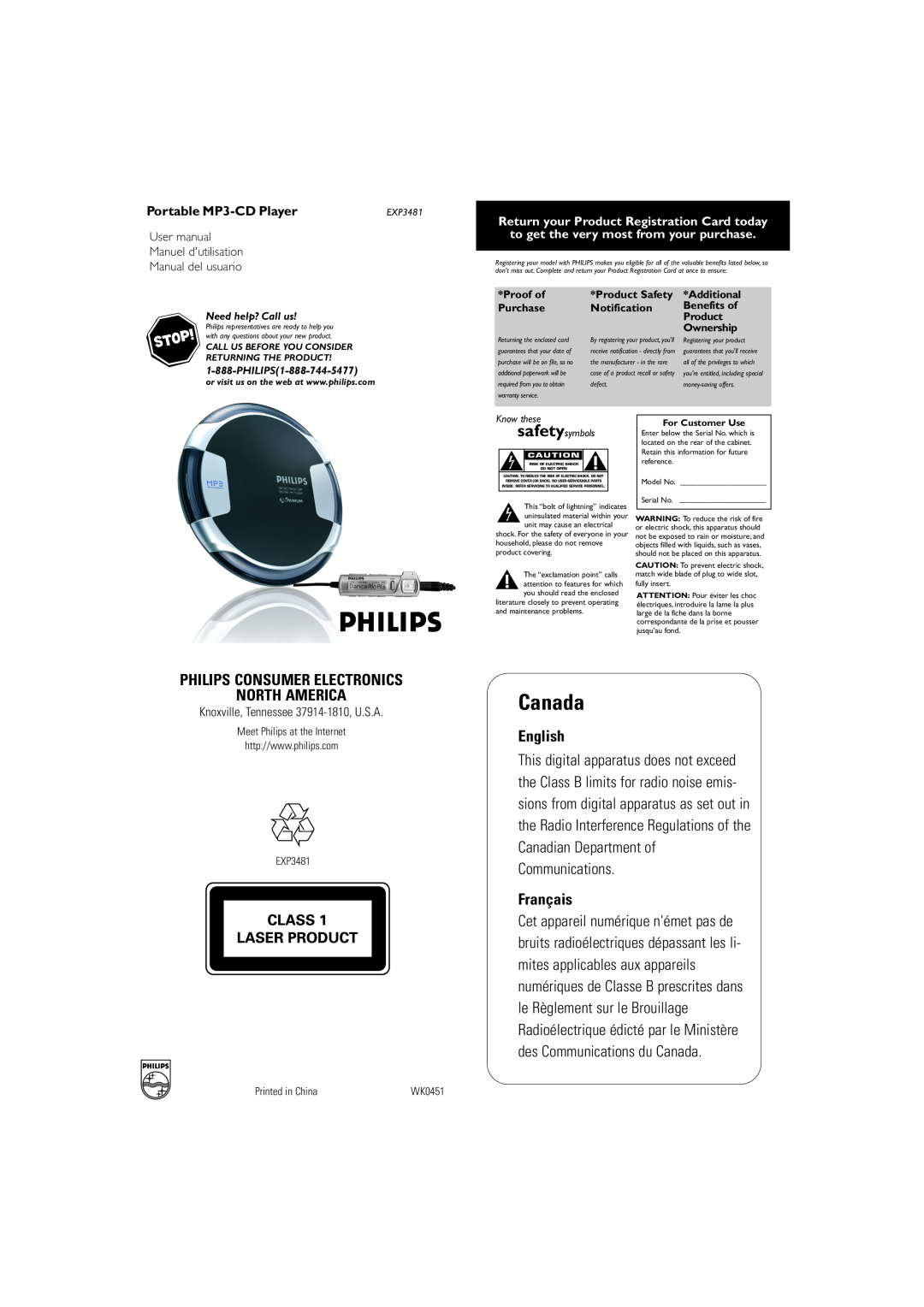 Philips EXP3483 user manual User manual Manuel dutilisation Manual del usuario, Knoxville, Tennessee 37914-1810, U.S.A 