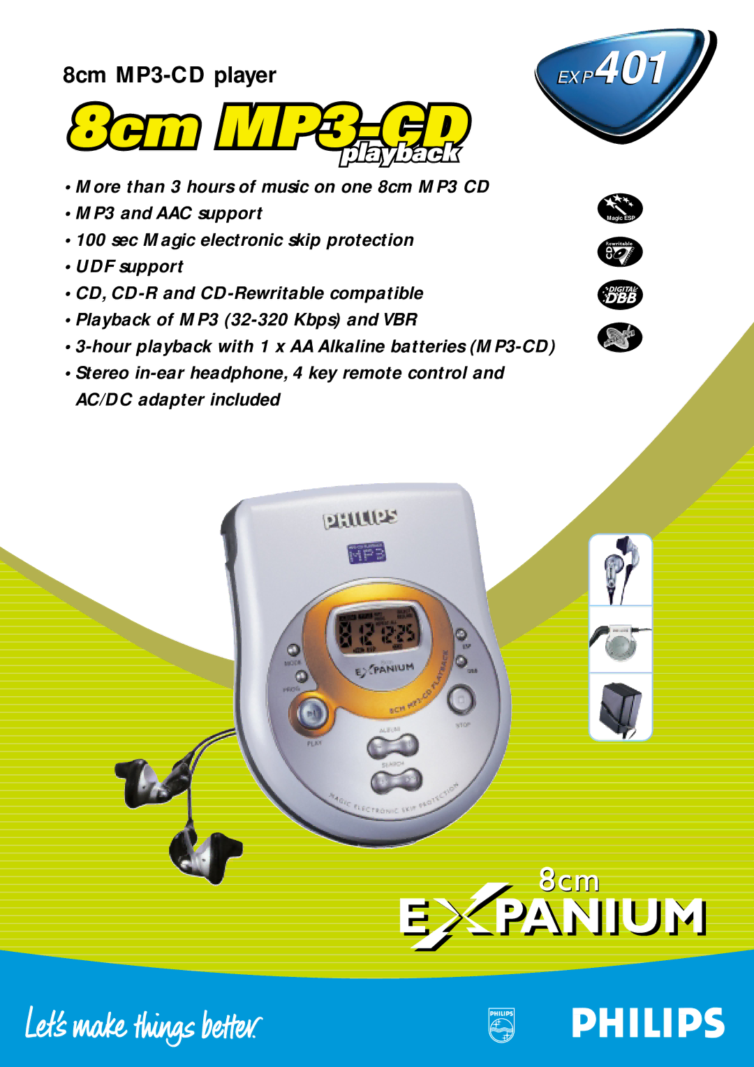 Philips EXP401 manual 8cm MP3-CD player 