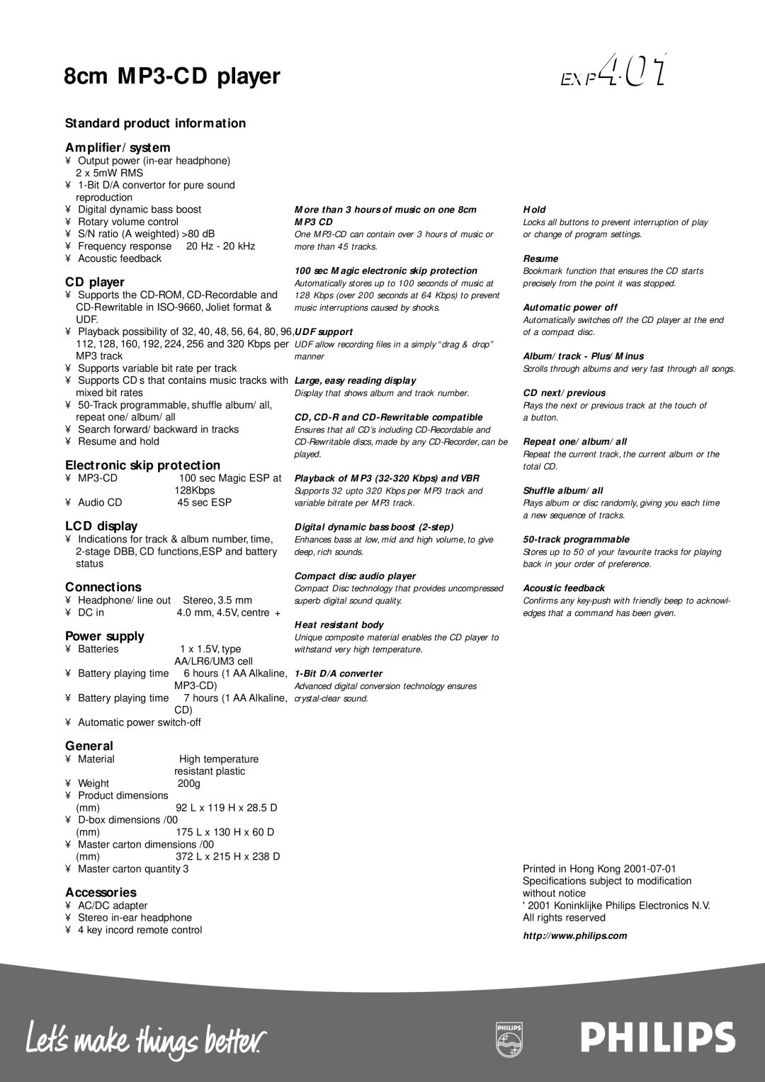 Philips EXP401 Standard product information Amplifier/ system, CD player, Electronic skip protection, LCD display, General 