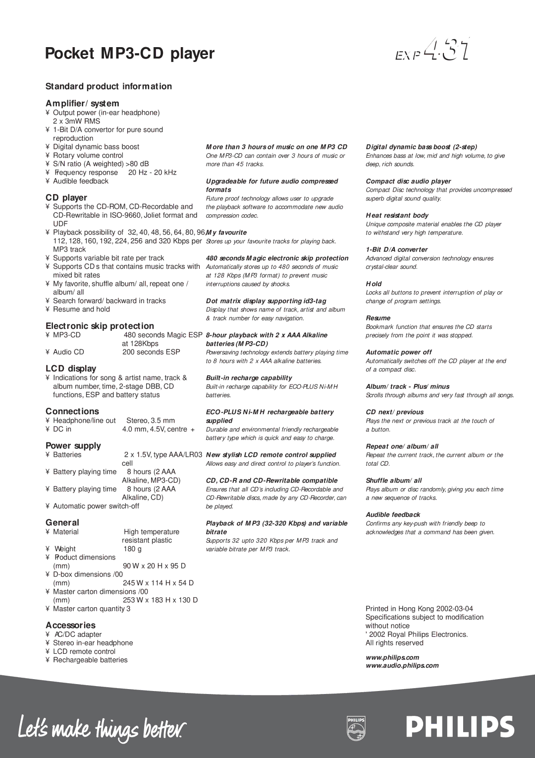 Philips EXP431 Standard product information Amplifier/ system, CD player, Electronic skip protection, LCD display, General 