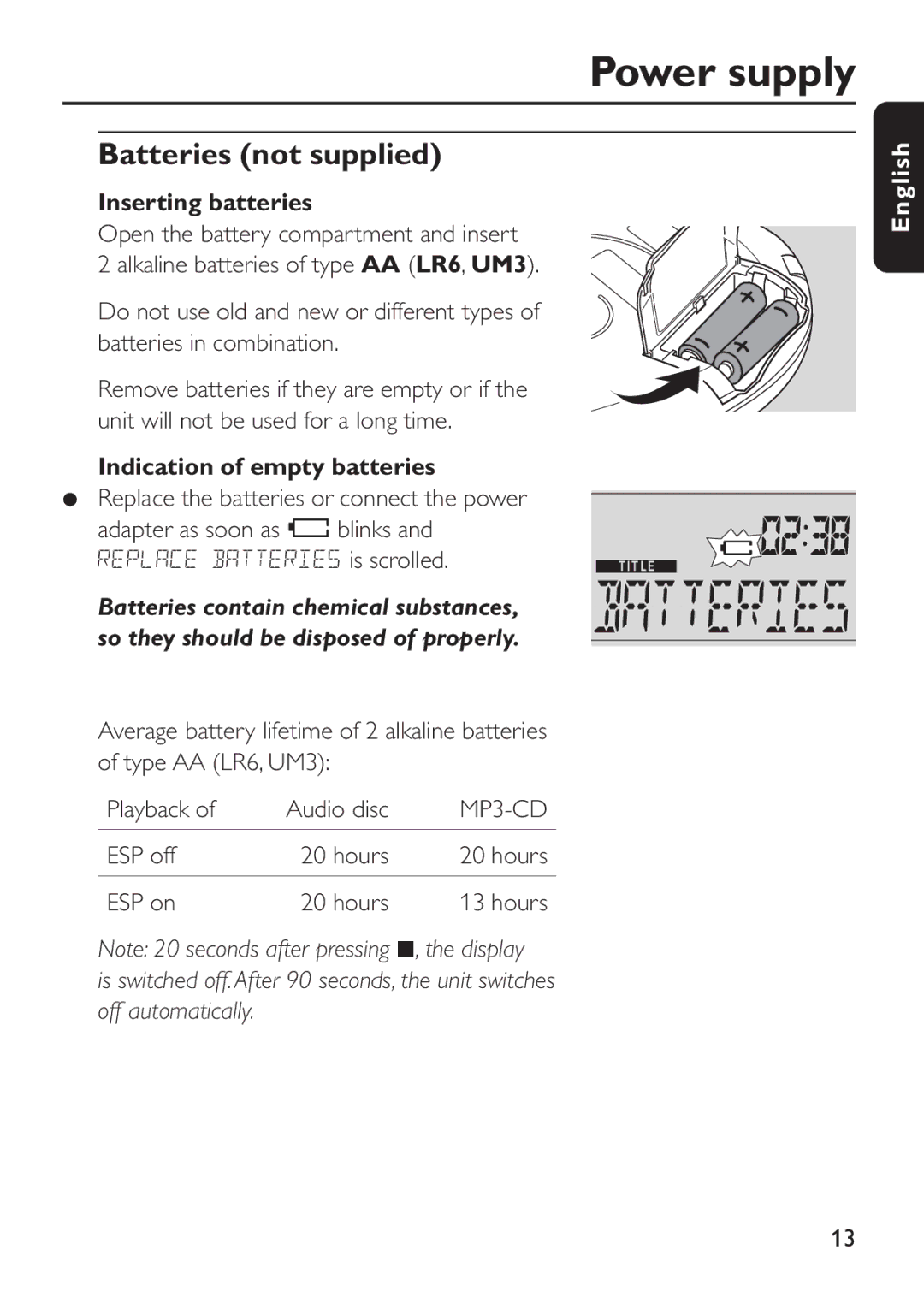 Philips EXP503 manual Power supply, Batteries not supplied, Inserting batteries, Indication of empty batteries 