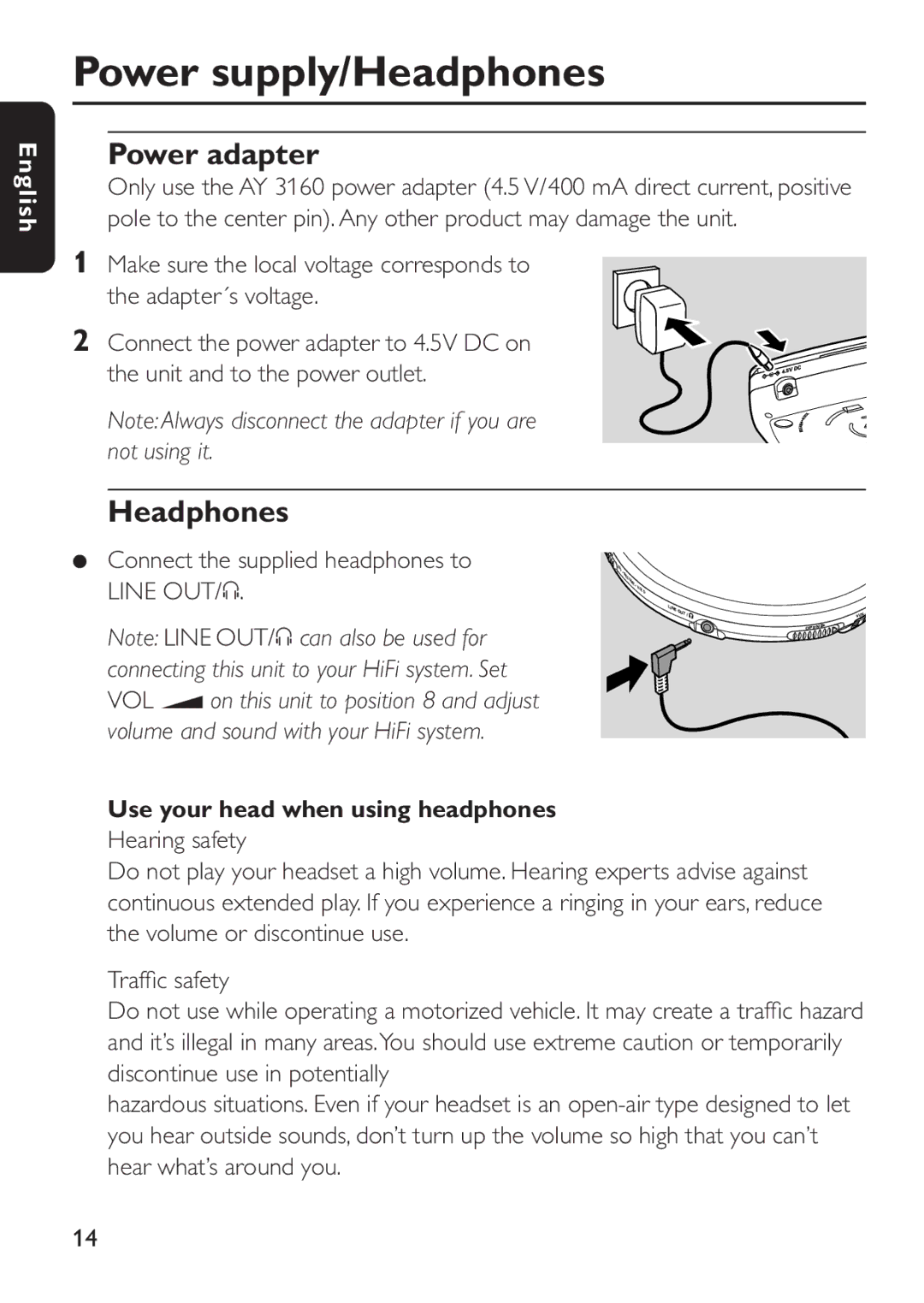 Philips EXP503 manual Power supply/Headphones, Power adapter, Connect the supplied headphones to Line OUT/p 