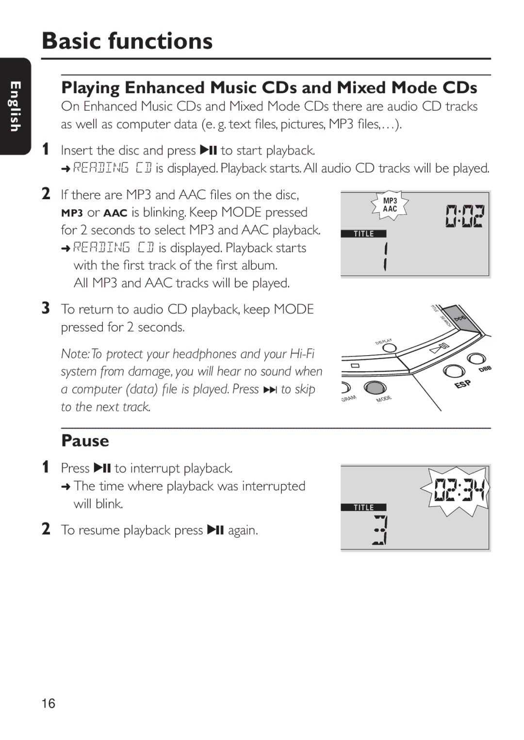 Philips EXP503 manual Playing Enhanced Music CDs and Mixed Mode CDs, Pause 