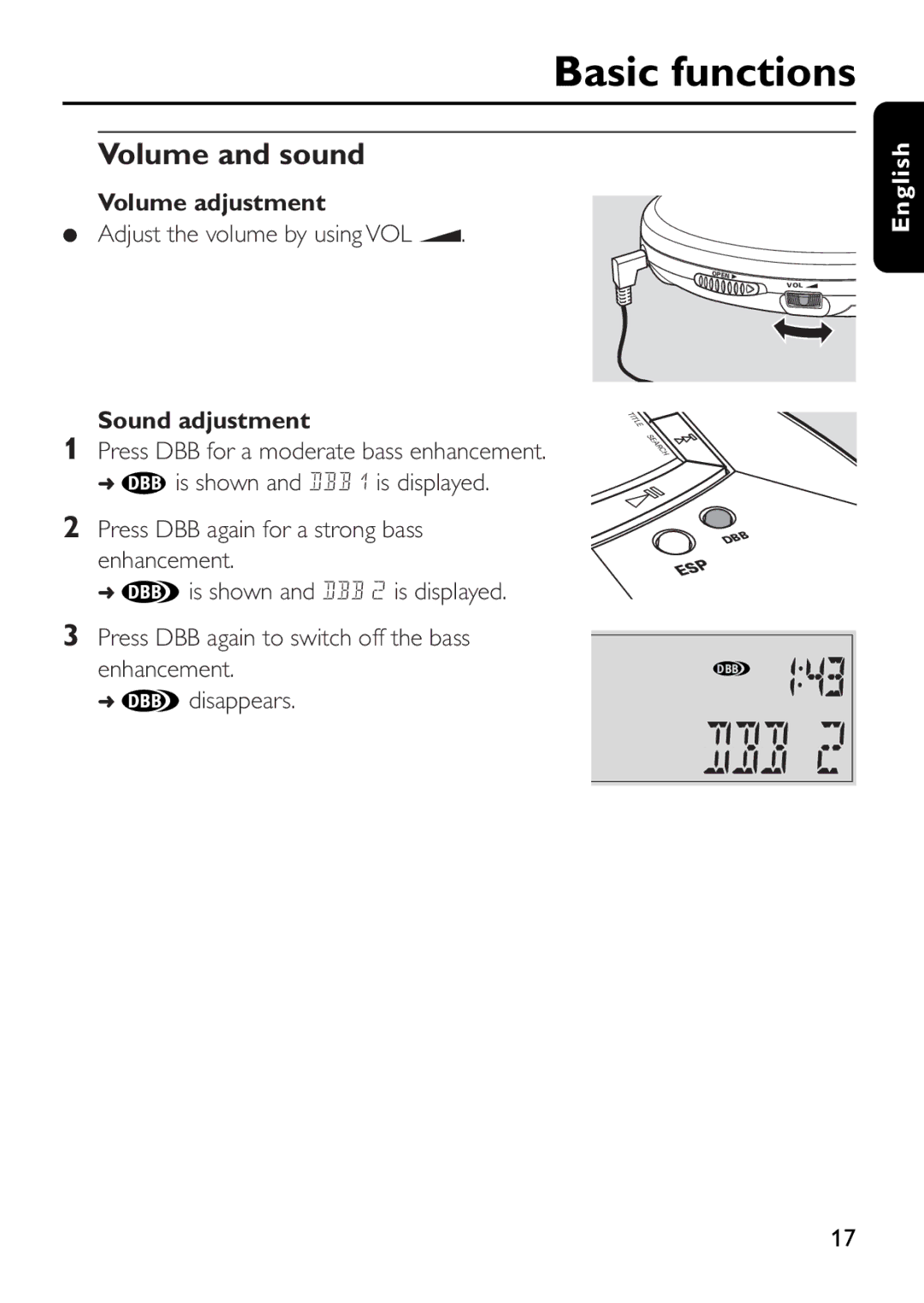 Philips EXP503 manual Volume and sound, Volume adjustment, Adjust the volume by using VOL E, Sound adjustment 