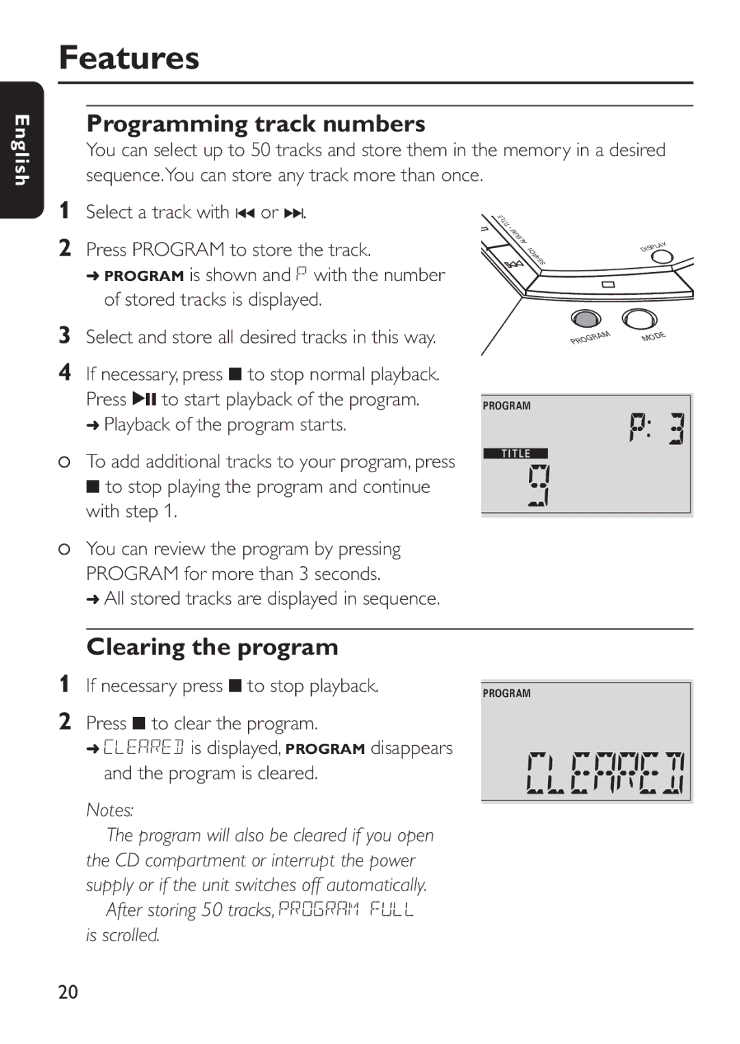 Philips EXP503 manual Features, Programming track numbers, Clearing the program 