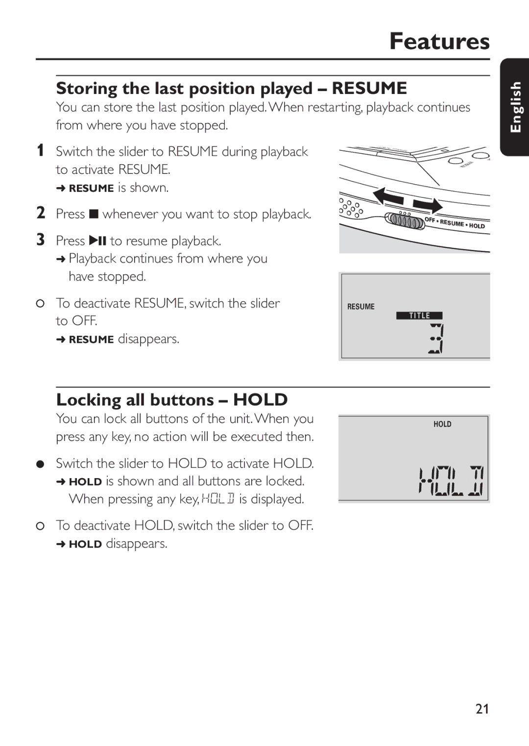 Philips EXP503 manual Storing the last position played Resume, Locking all buttons Hold 