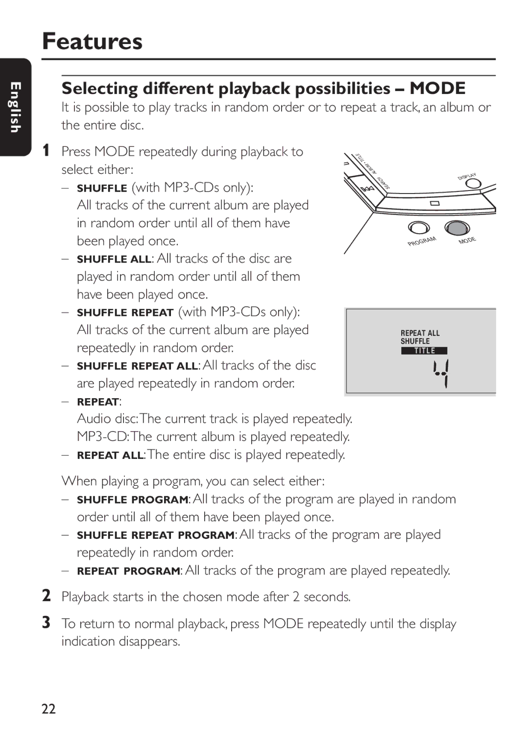 Philips EXP503 manual Selecting different playback possibilities Mode 