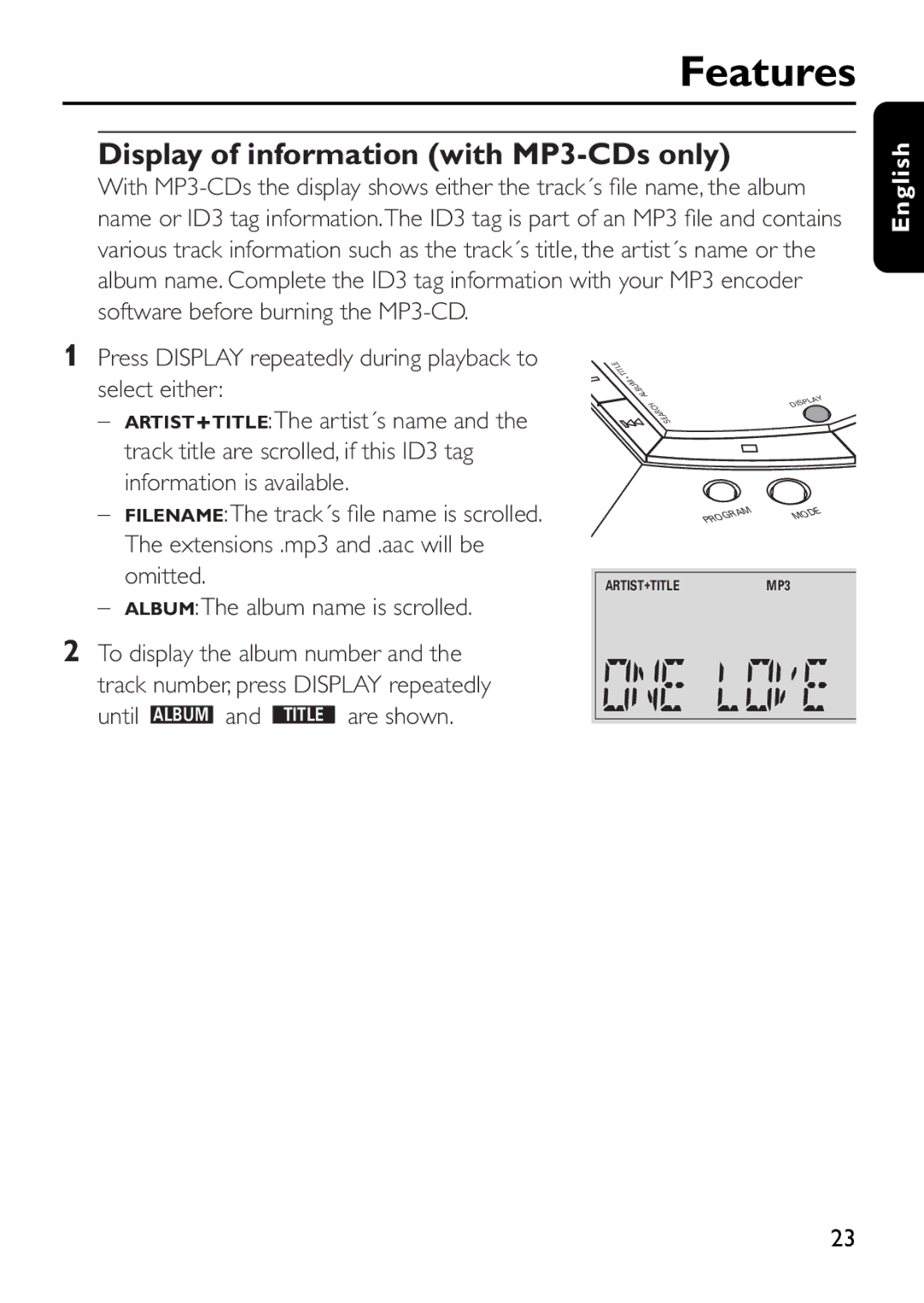 Philips EXP503 manual Display of information with MP3-CDs only 