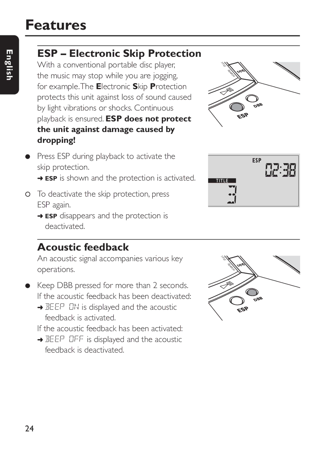 Philips EXP503 manual ESP Electronic Skip Protection, Acoustic feedback, Unit against damage caused by dropping 