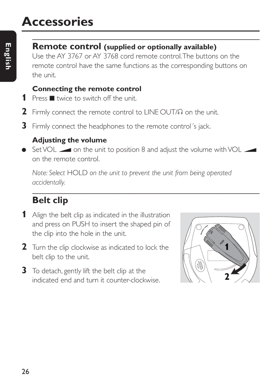 Philips EXP503 manual Belt clip, Remote control supplied or optionally available, Connecting the remote control 