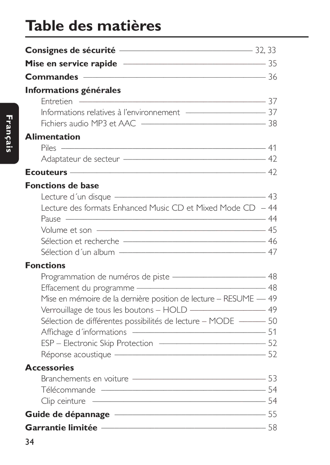 Philips EXP503 manual Table des matières, Informations générales, Alimentation, Fonctions de base 