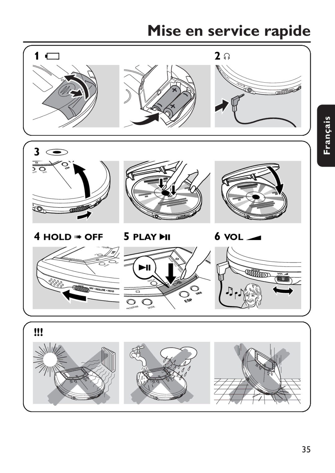 Philips EXP503 manual Mise en service rapide, Hold OFF 5 Play 