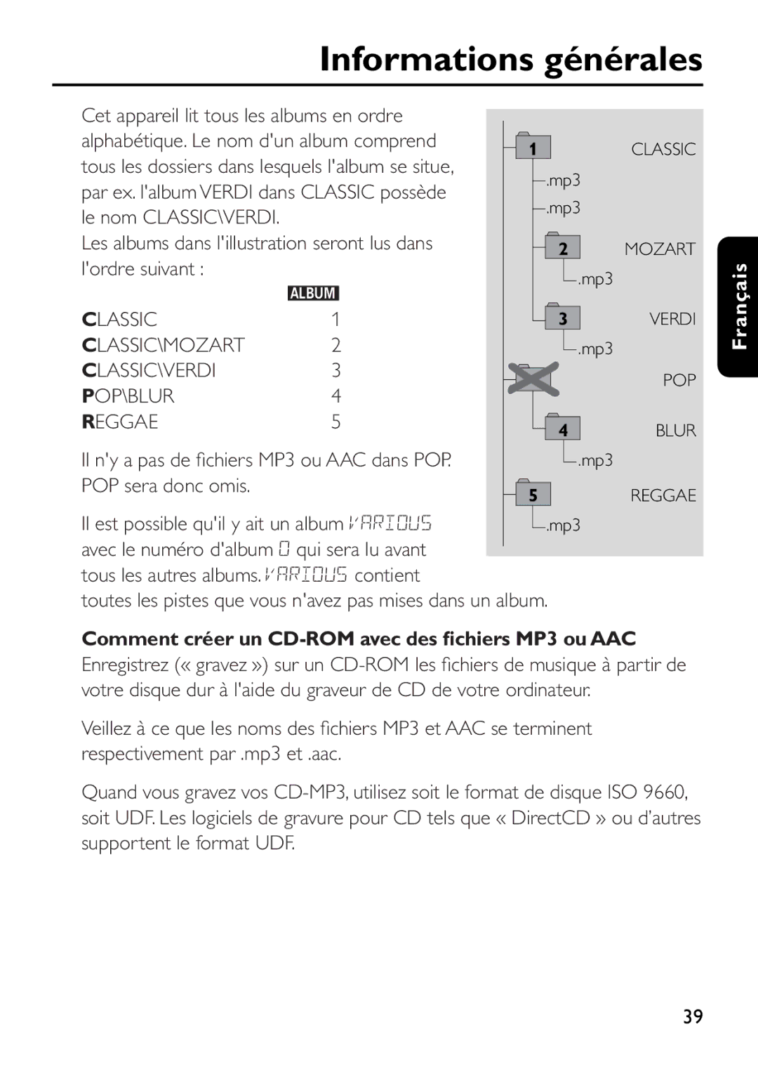 Philips EXP503 manual Lordre suivant, POP sera donc omis, Il est possible quil y ait un album Various 