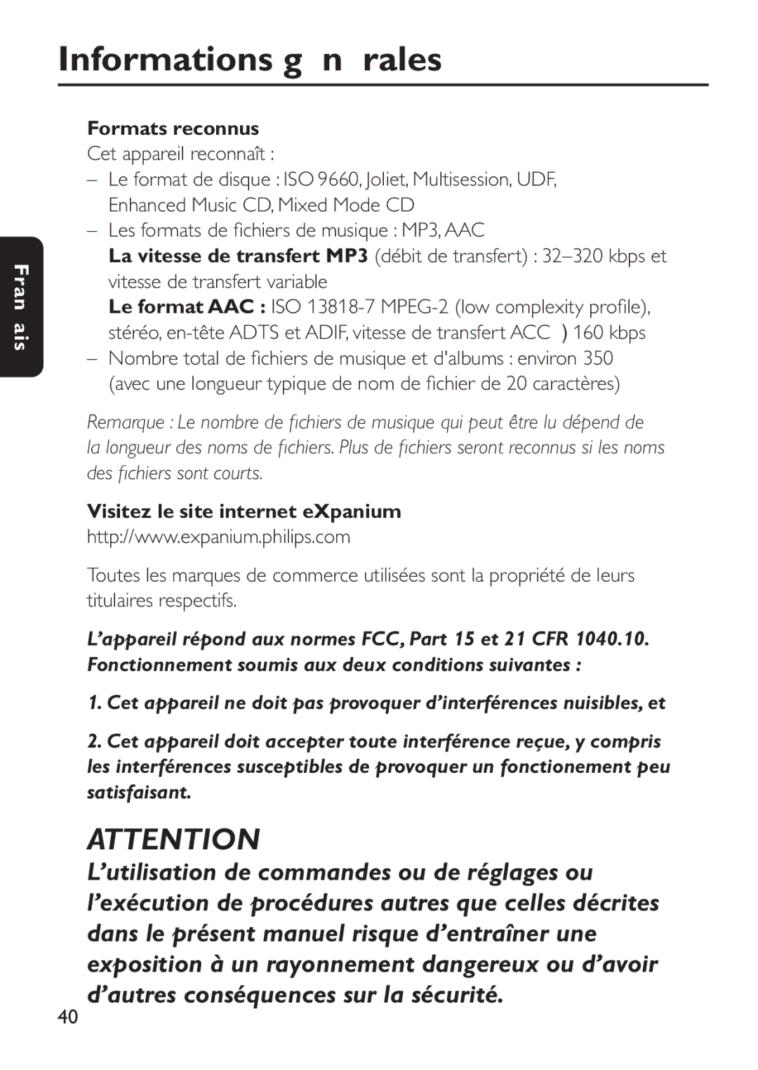 Philips EXP503 manual Formats reconnus, Cet appareil reconnaît, Visitez le site internet eXpanium 