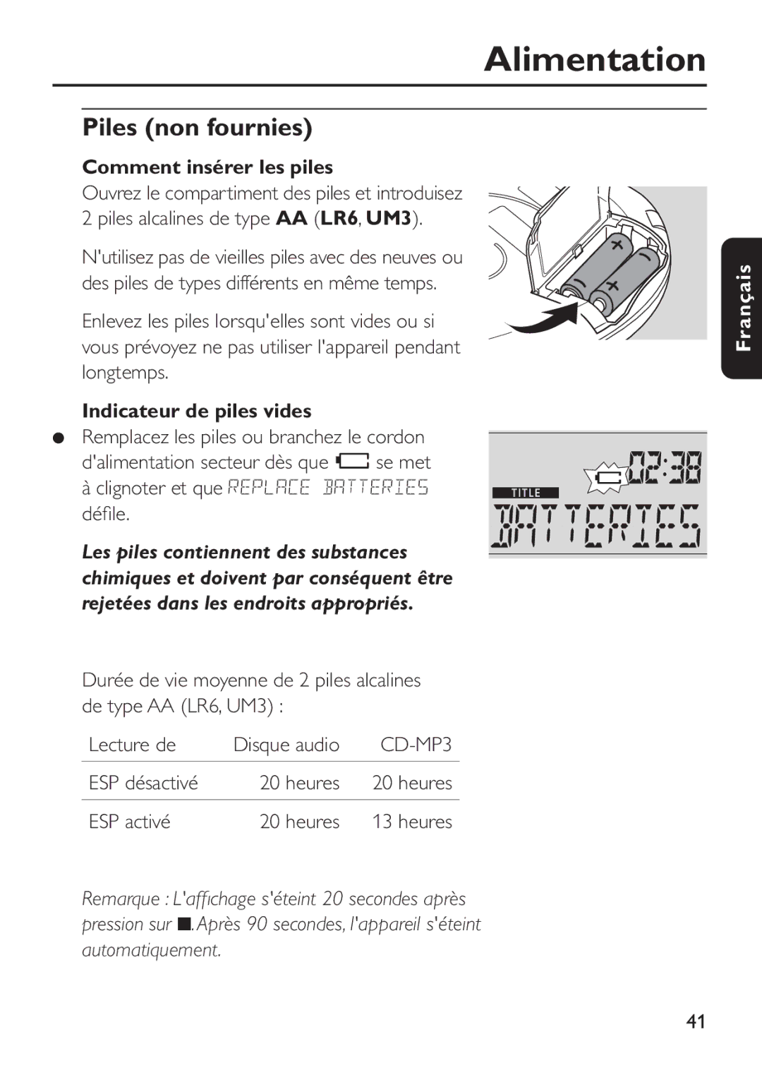 Philips EXP503 manual Alimentation, Piles non fournies, Comment insérer les piles, Indicateur de piles vides 