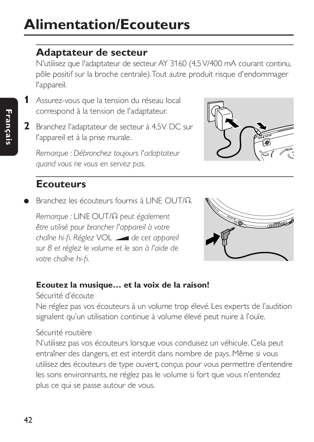 Philips EXP503 manual Alimentation/Ecouteurs, Adaptateur de secteur, Ecoutez la musique… et la voix de la raison 