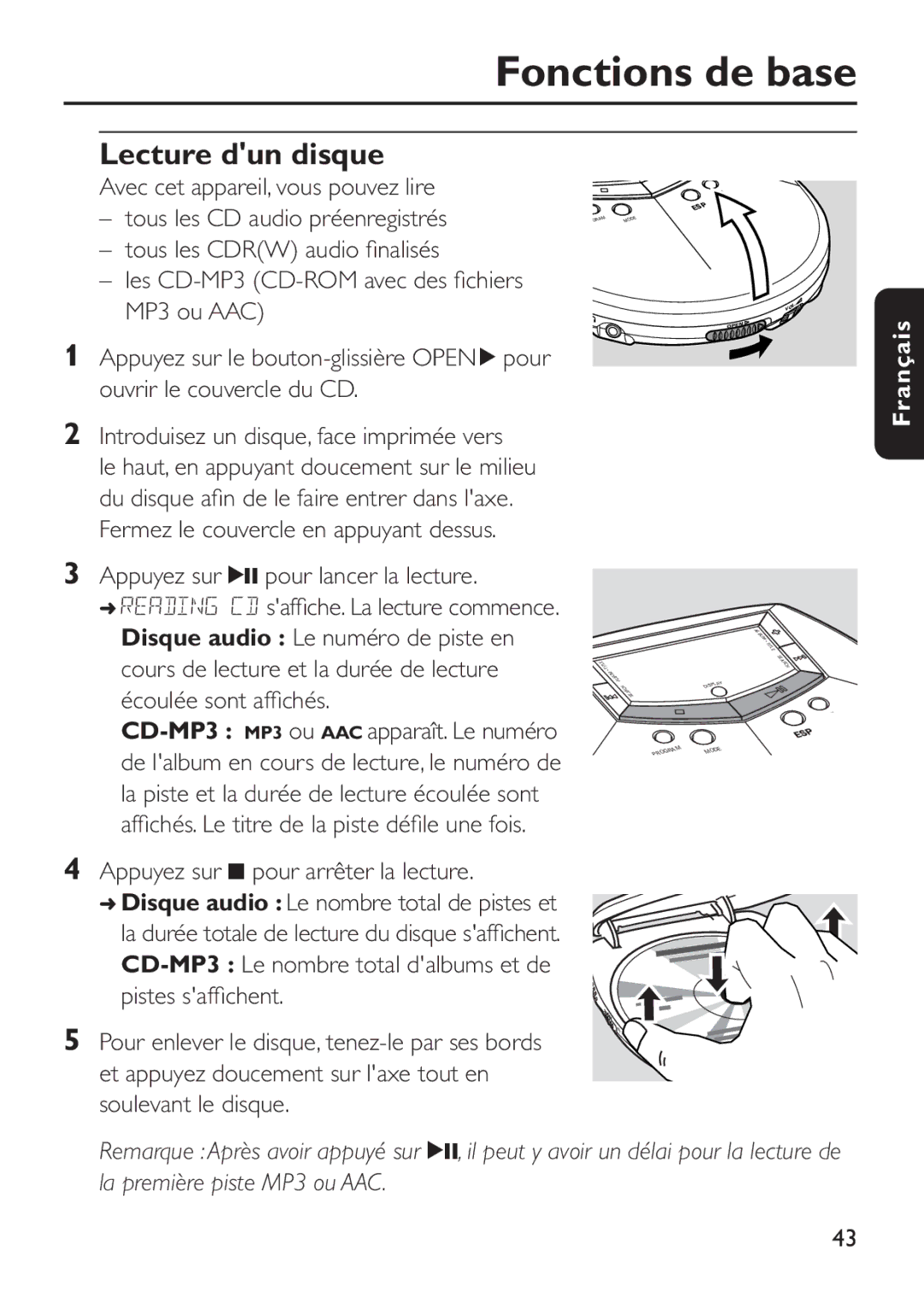 Philips EXP503 manual Fonctions de base, Lecture dun disque 